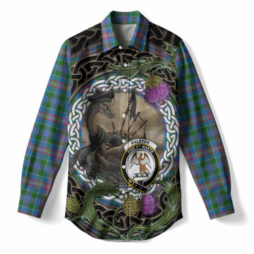 Ralston Tartan Crest Bagpipe Nessie Women Casual Shirt Scottish Loch Ness Monster Celtic Thistle