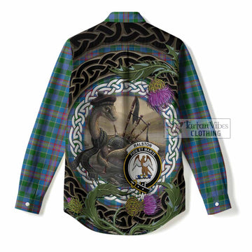 Ralston Tartan Crest Bagpipe Nessie Women Casual Shirt Scottish Loch Ness Monster Celtic Thistle