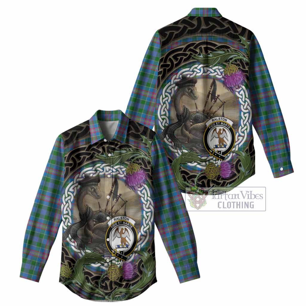 Ralston Tartan Crest Bagpipe Nessie Women Casual Shirt Scottish Loch Ness Monster Celtic Thistle