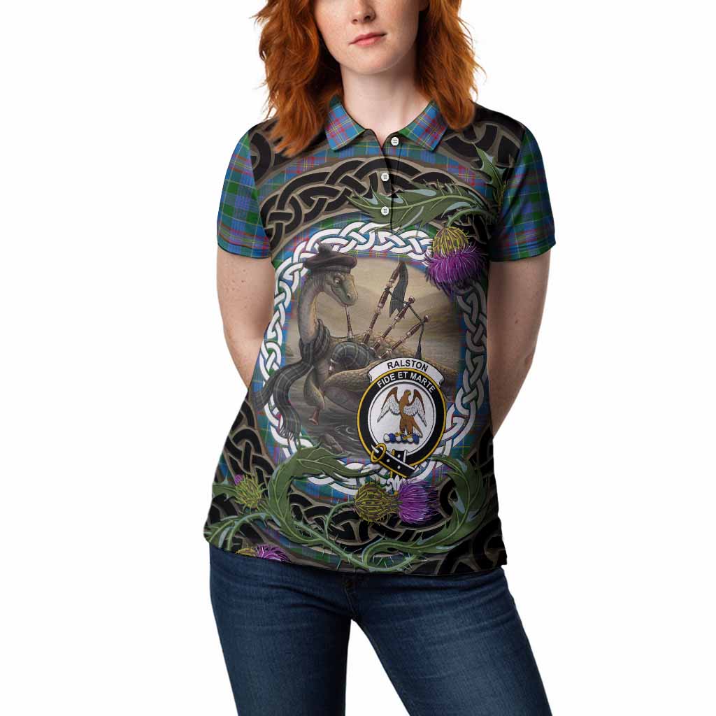 Ralston Tartan Crest Bagpipe Nessie Women Polo Shirt Scottish Loch Ness Monster Celtic Thistle