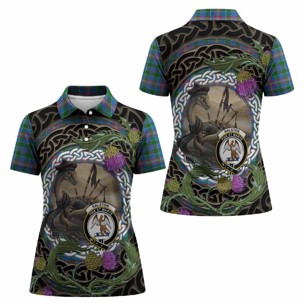 Ralston Tartan Crest Bagpipe Nessie Women Polo Shirt Scottish Loch Ness Monster Celtic Thistle