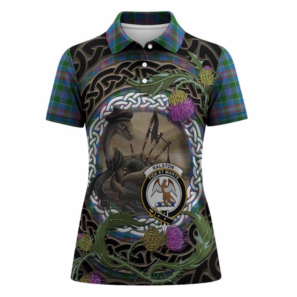 Ralston Tartan Crest Bagpipe Nessie Women Polo Shirt Scottish Loch Ness Monster Celtic Thistle
