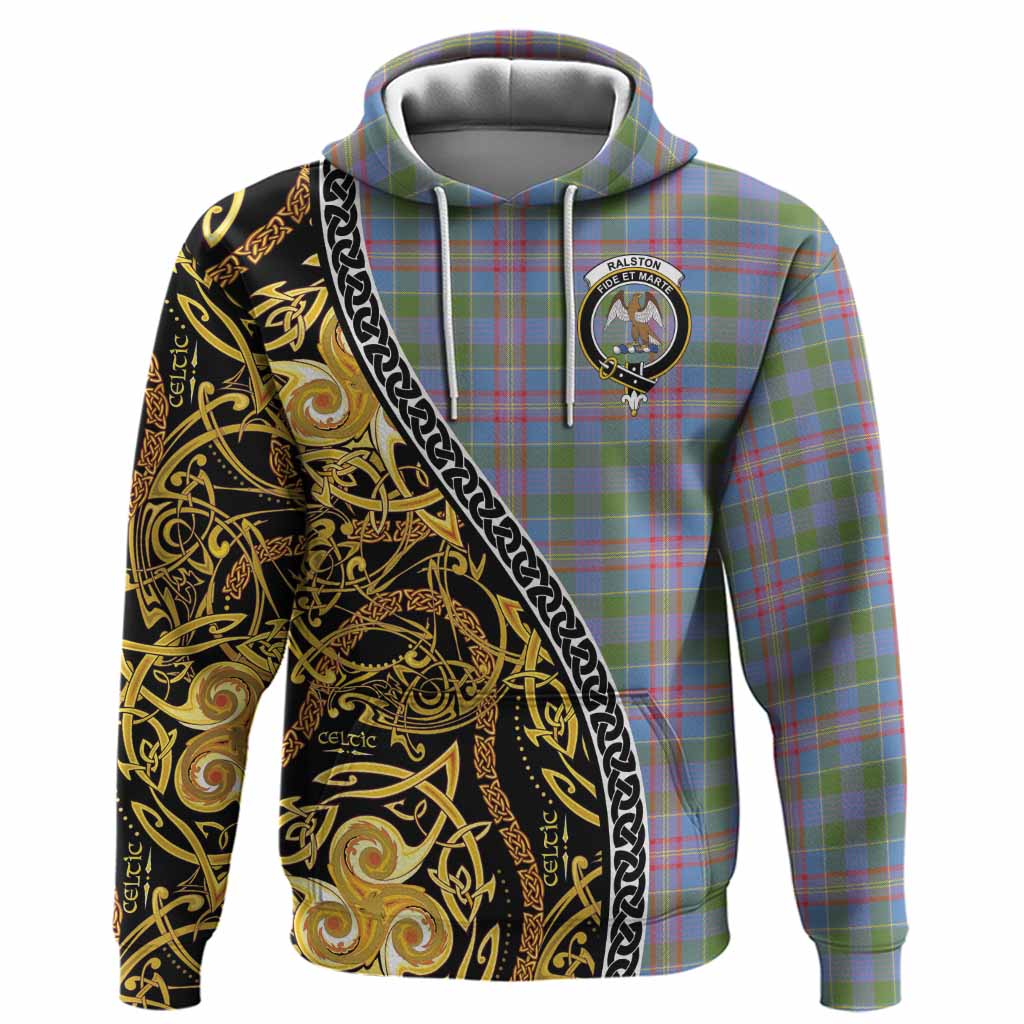 Ralston Tartan Crest Hoodie Celtic Knot and Triple Trickle Spiral Symbols