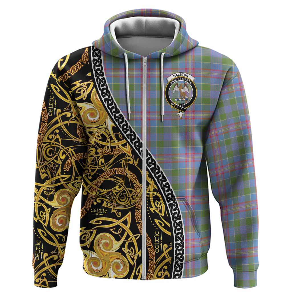 Ralston Tartan Crest Hoodie Celtic Knot and Triple Trickle Spiral Symbols