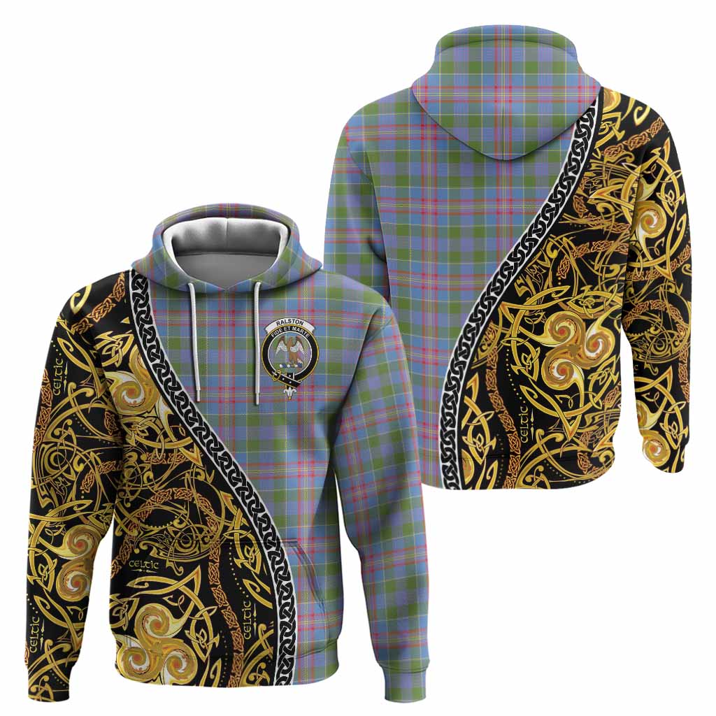 Ralston Tartan Crest Hoodie Celtic Knot and Triple Trickle Spiral Symbols