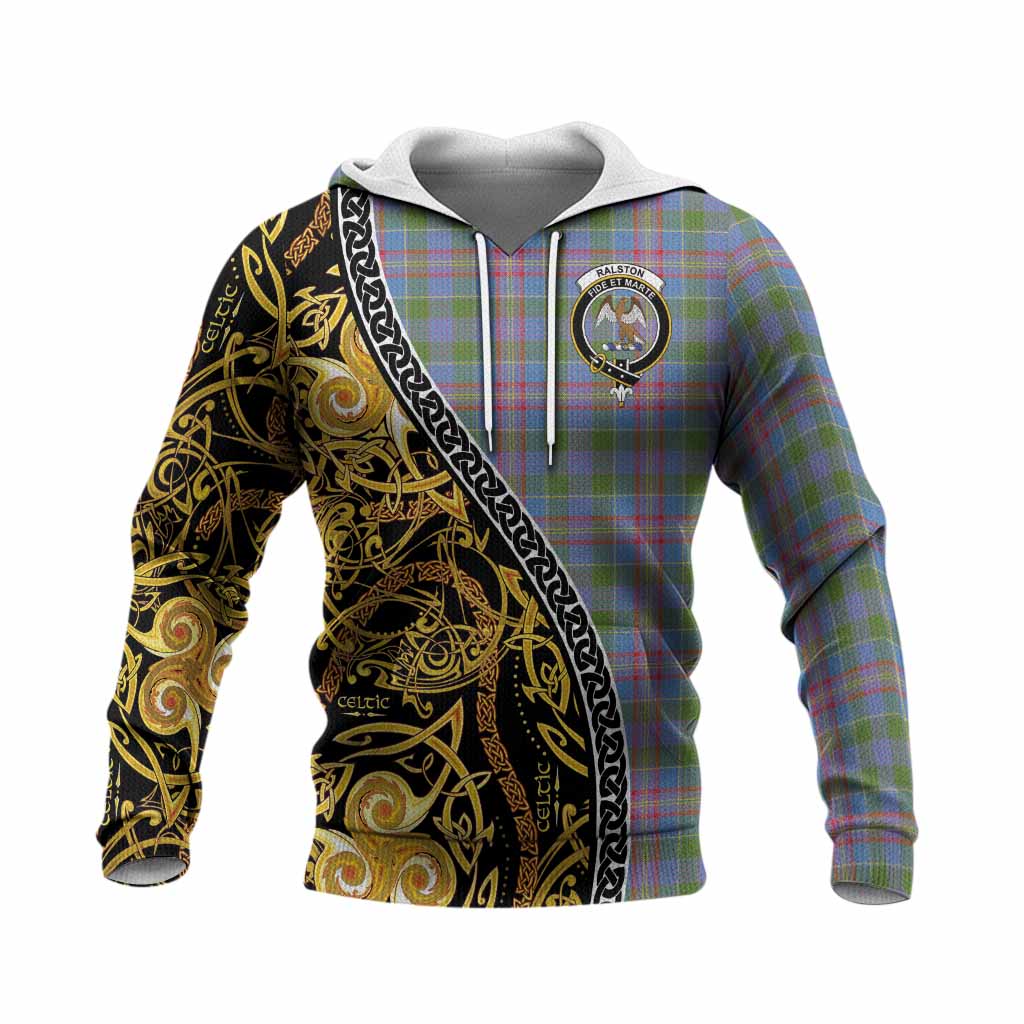 Ralston Tartan Crest Knitted Hoodie Celtic Knot and Triple Trickle Spiral Symbols