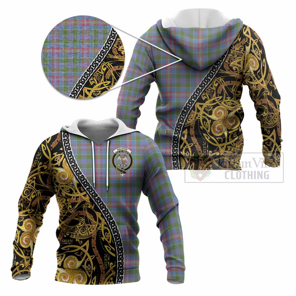 Ralston Tartan Crest Knitted Hoodie Celtic Knot and Triple Trickle Spiral Symbols