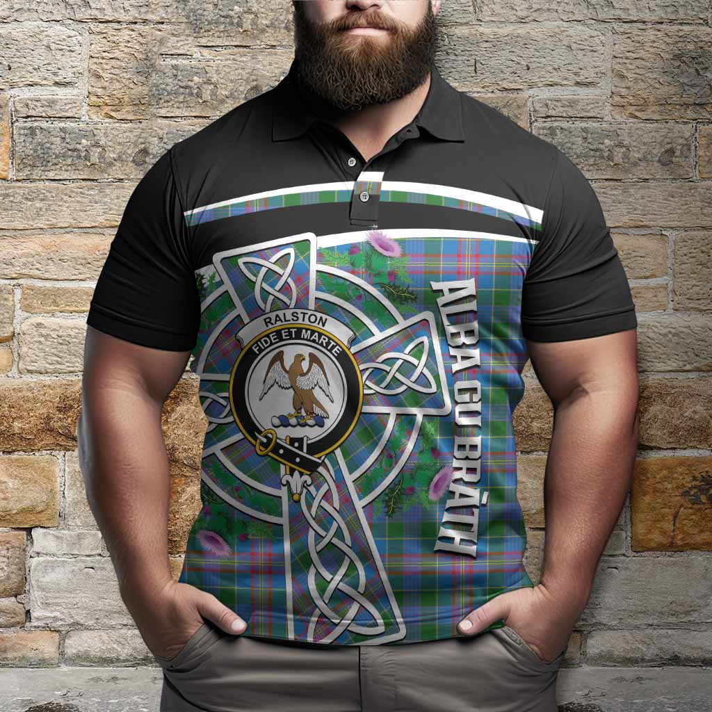 Ralston Tartan Crest Polo Shirt Scottish Thistle Celtic Cross Alba Gu Brath