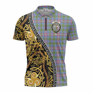 Ralston Tartan Crest Zipper Polo Shirt Celtic Knot and Triple Trickle Spiral Symbols