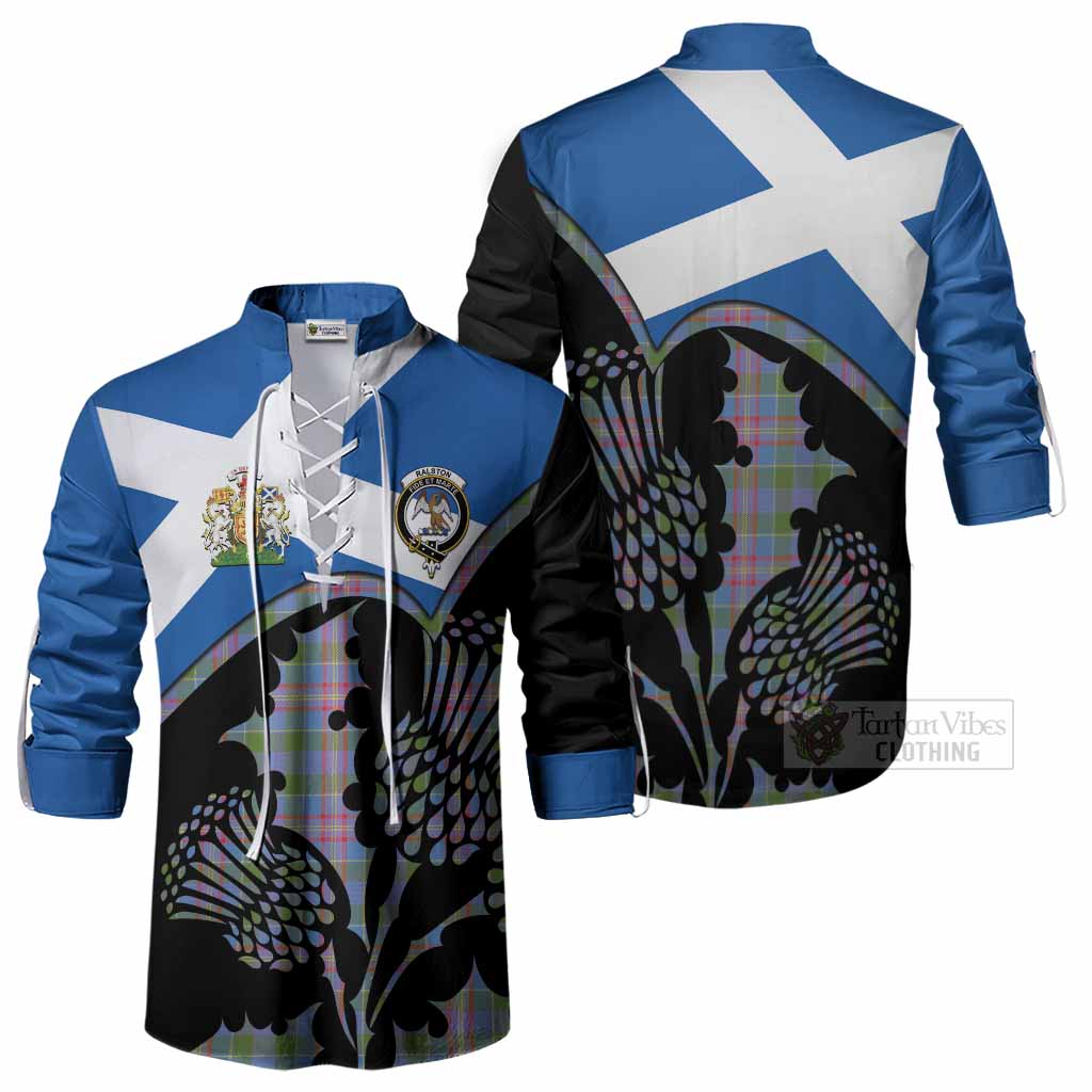 Ralston Tartan Family Crest Ghillie Shirt Scotland Thistle Floral Flag Style