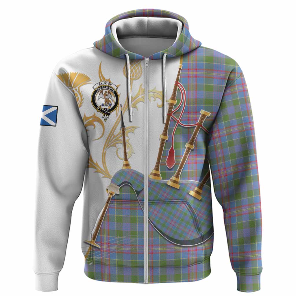 Ralston Tartan Family Crest Hoodie Bagpipes with Scottish Thistle