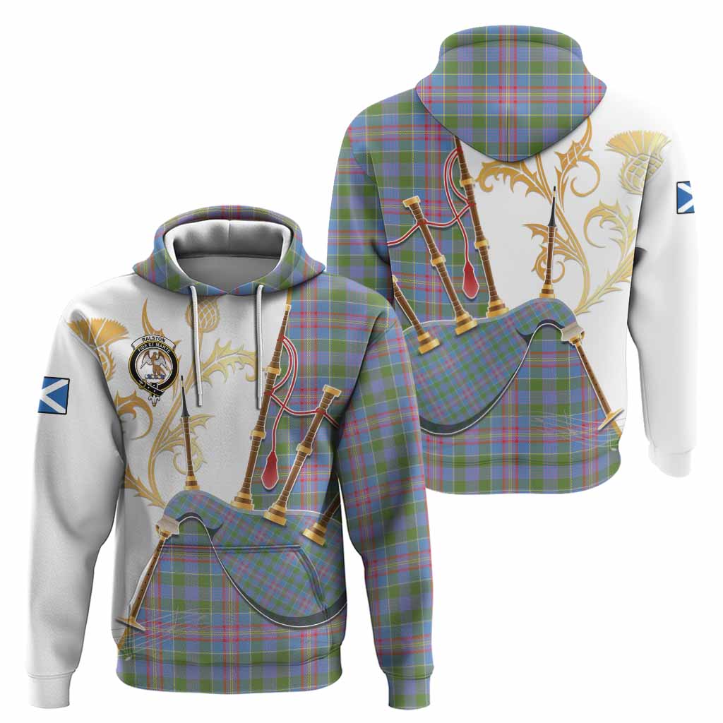 Ralston Tartan Family Crest Hoodie Bagpipes with Scottish Thistle