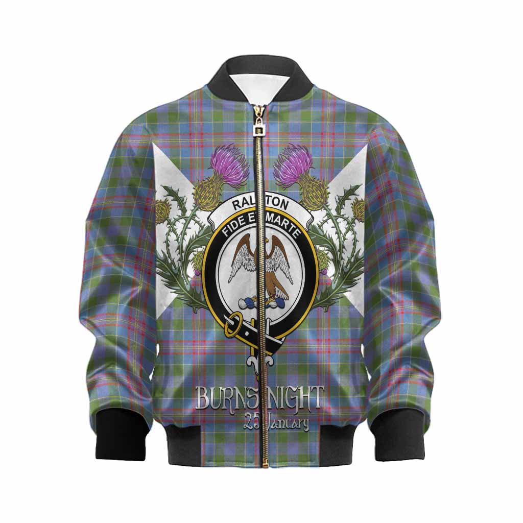 Ralston Tartan Family Crest Kid Bomber Jacket Scottish Burns Night Thistle Floral