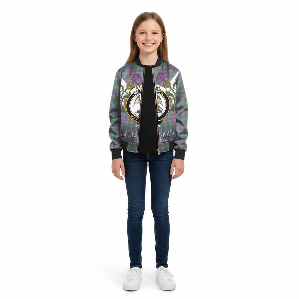 Ralston Tartan Family Crest Kid Bomber Jacket Scottish Burns Night Thistle Floral