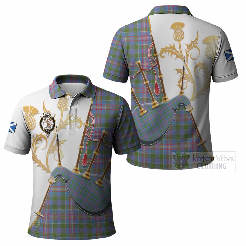 Ralston Tartan Family Crest Polo Shirt Bagpipes with Scottish Thistle