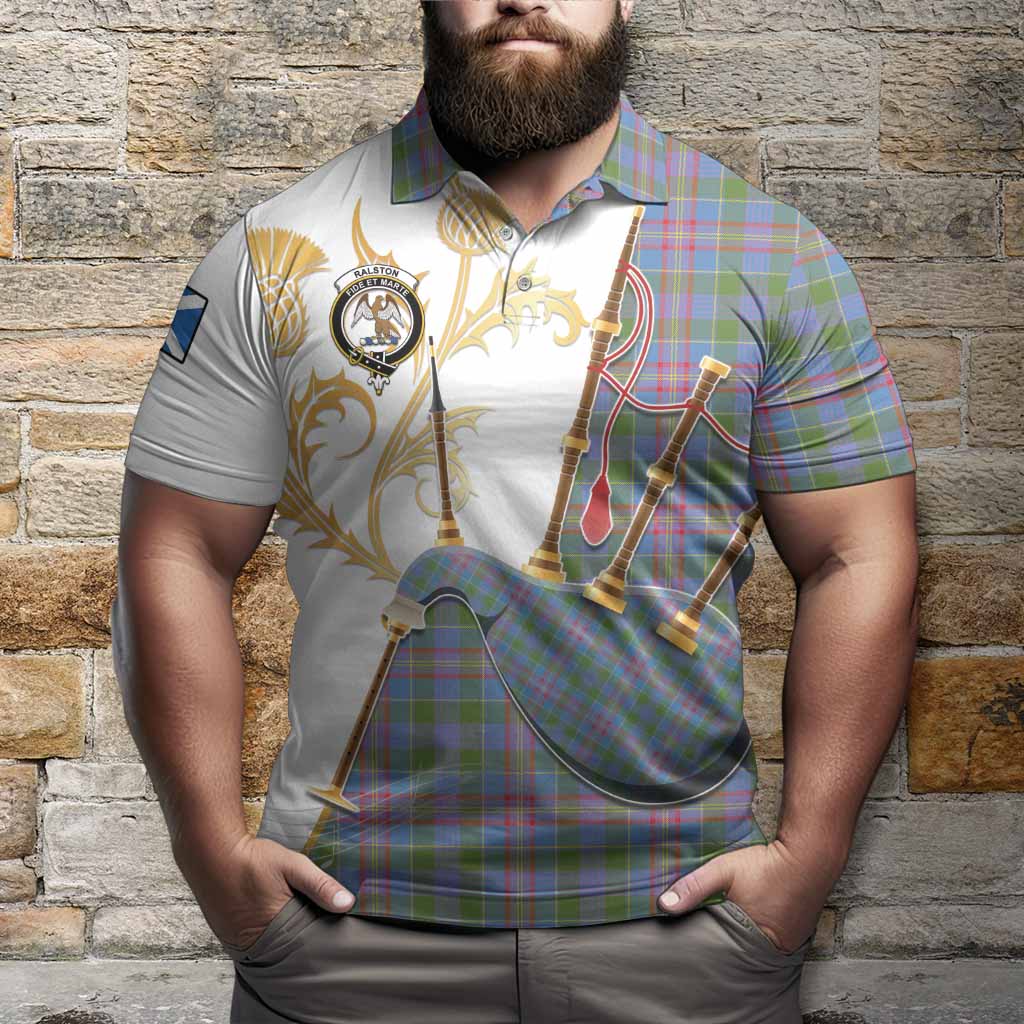 Ralston Tartan Family Crest Polo Shirt Bagpipes with Scottish Thistle