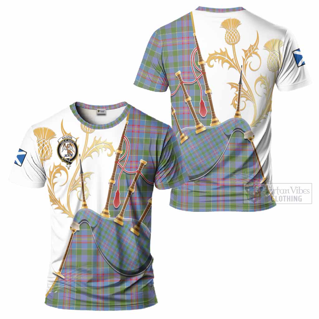 Ralston Tartan Family Crest T-Shirt Bagpipes with Scottish Thistle