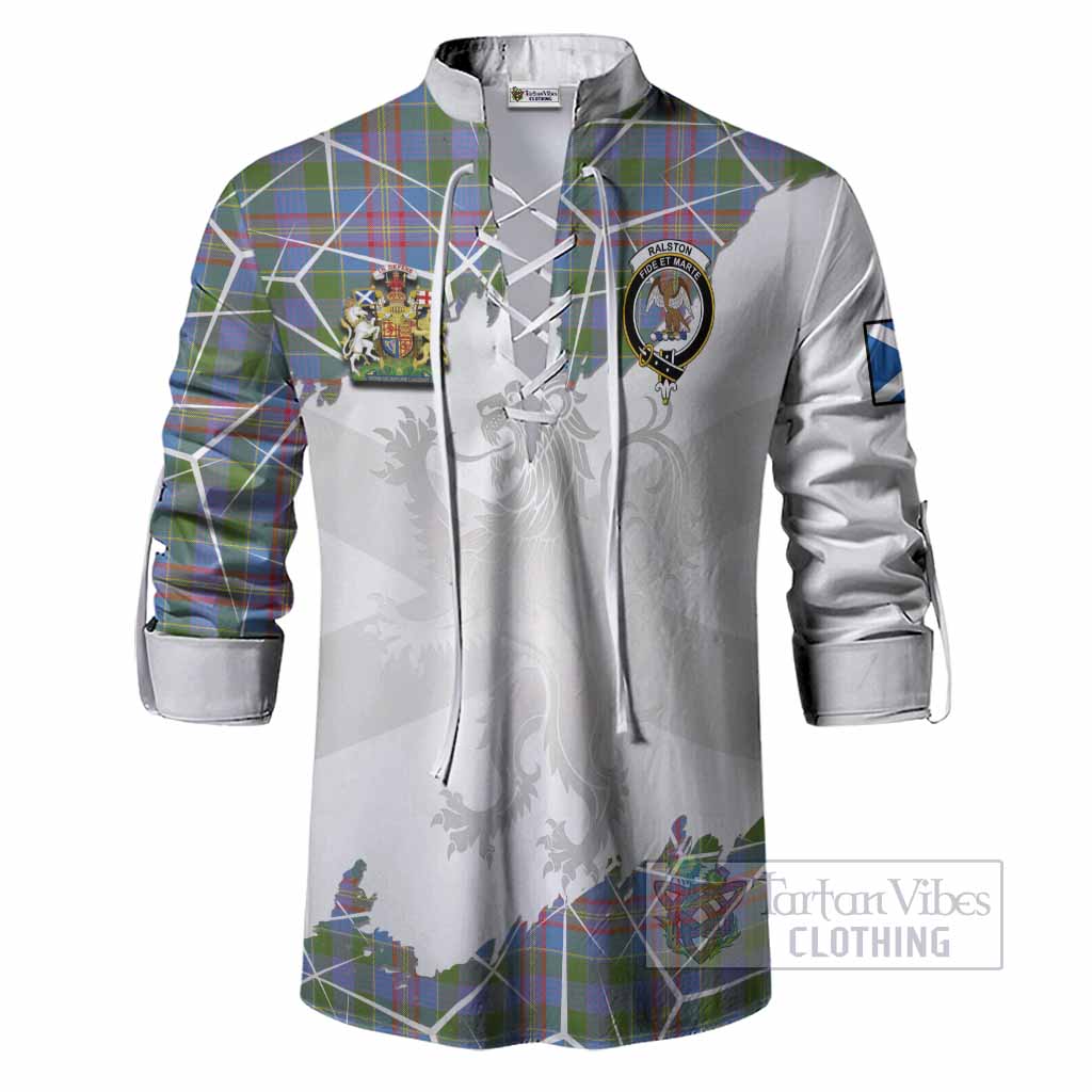 Ralston Tartan Ghillie Shirt with Family Crest and Lion Rampant Grunge Style