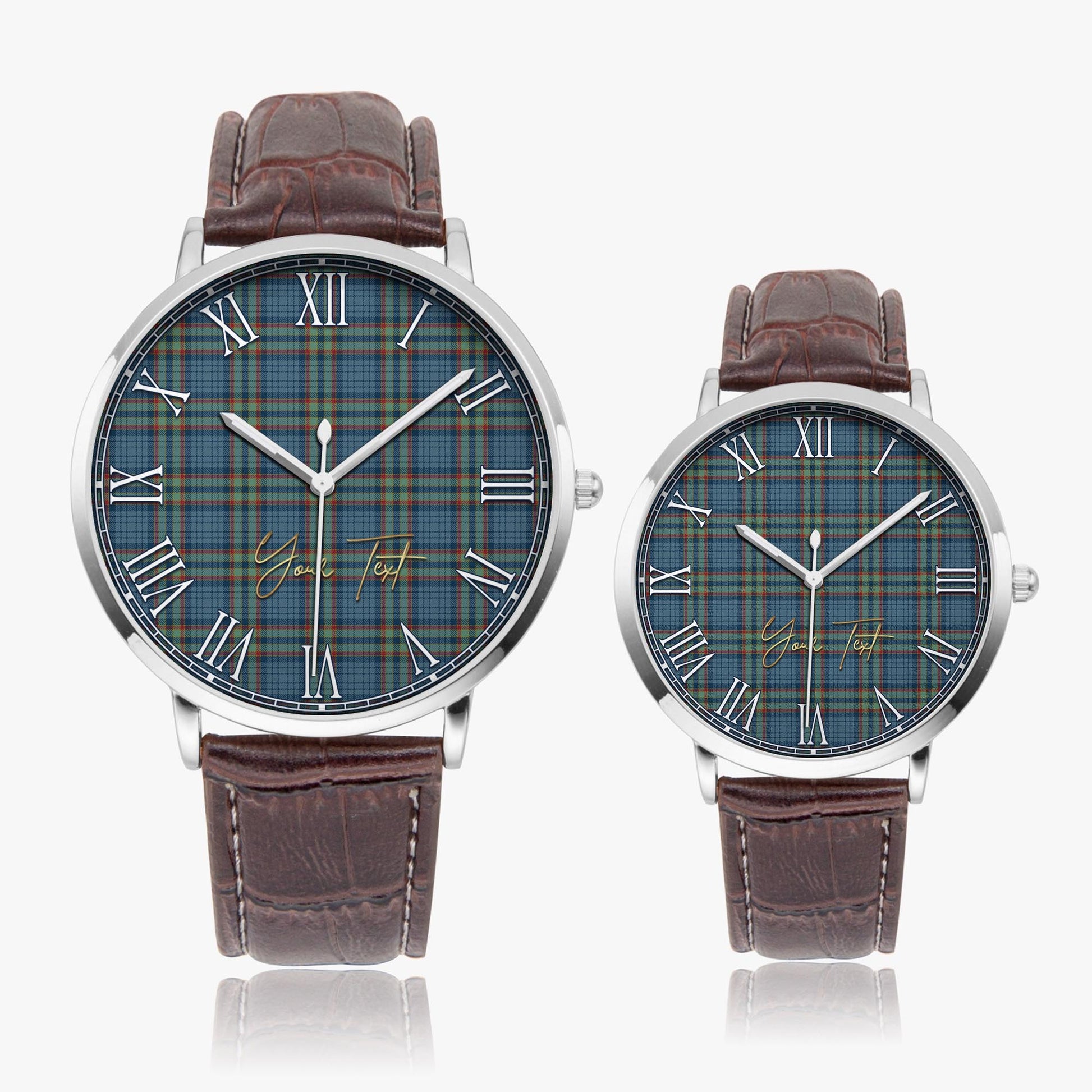 Ralston UK Tartan Personalized Your Text Leather Trap Quartz Watch Ultra Thin Silver Case With Brown Leather Strap - Tartanvibesclothing