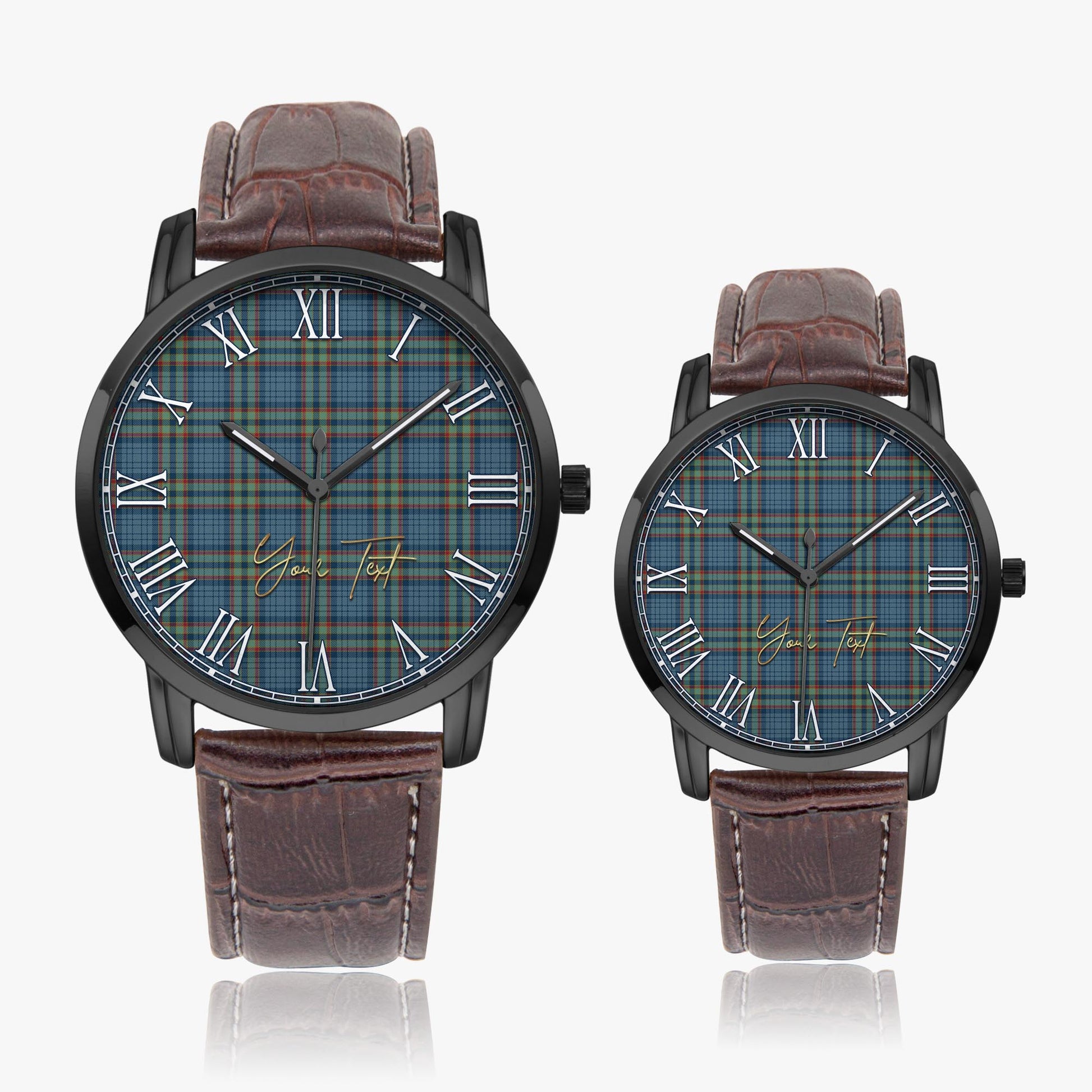 Ralston UK Tartan Personalized Your Text Leather Trap Quartz Watch Wide Type Black Case With Brown Leather Strap - Tartanvibesclothing