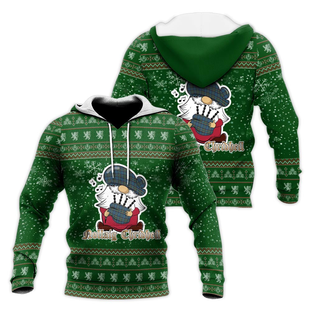 Ralston UK Clan Christmas Knitted Hoodie with Funny Gnome Playing Bagpipes Green - Tartanvibesclothing