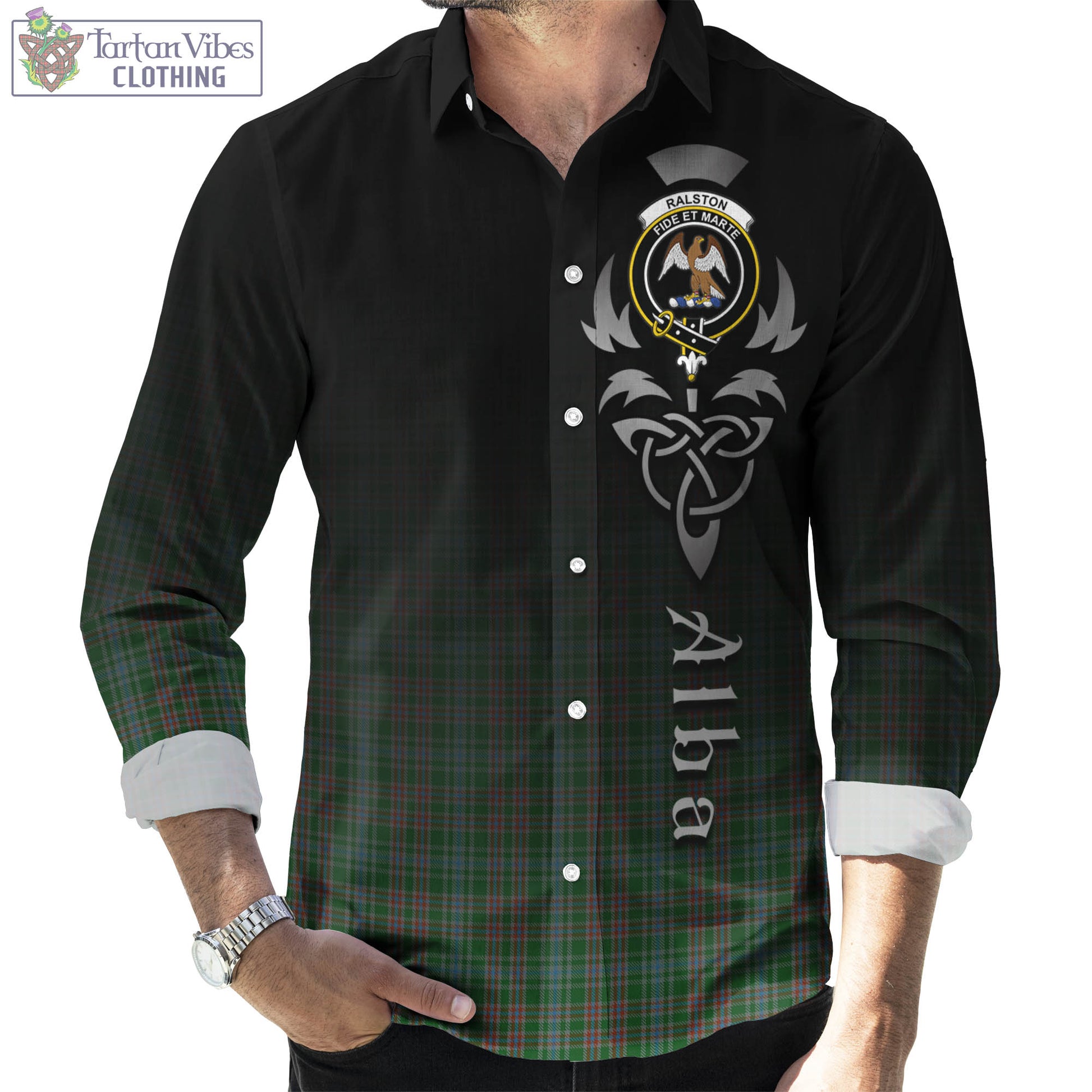 Tartan Vibes Clothing Ralston USA Tartan Long Sleeve Button Up Featuring Alba Gu Brath Family Crest Celtic Inspired