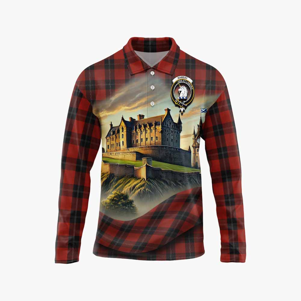 Tartan Vibes Clothing Ramsay Tartan Family Crest Long Sleeve Polo Shirt with Scottish Ancient Castle Style