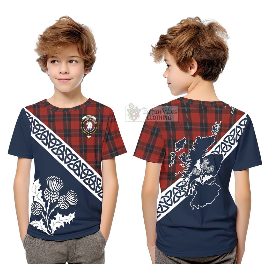 Tartan Vibes Clothing Ramsay Tartan Kid T-Shirt Featuring Thistle and Scotland Map
