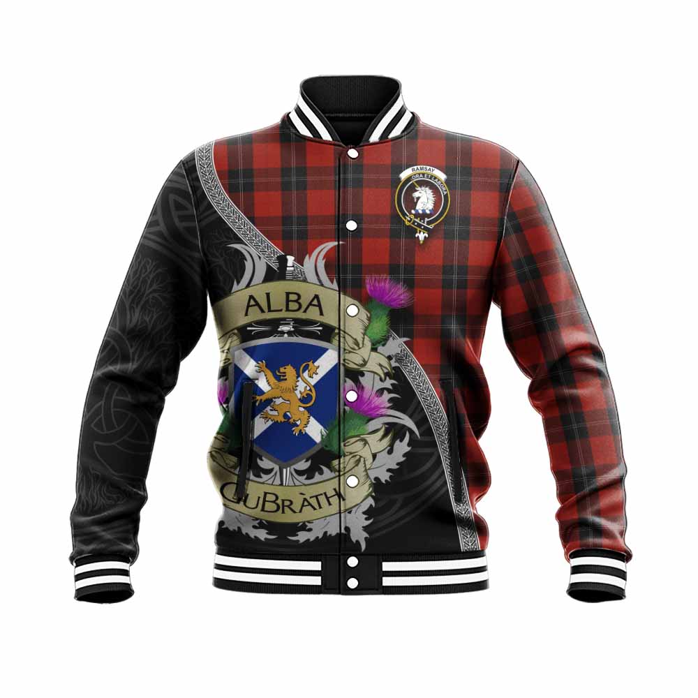 Tartan Vibes Clothing Ramsay Tartan Family Crest Baseball Jacket Lion Rampant Royal Thistle Shield Celtic Inspired