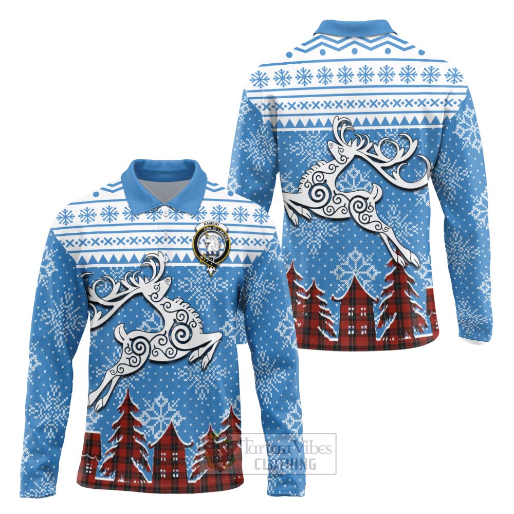 Tartan Vibes Clothing Ramsay Clan Christmas Long Sleeve Polo Shirt Celtic Reindeer Style