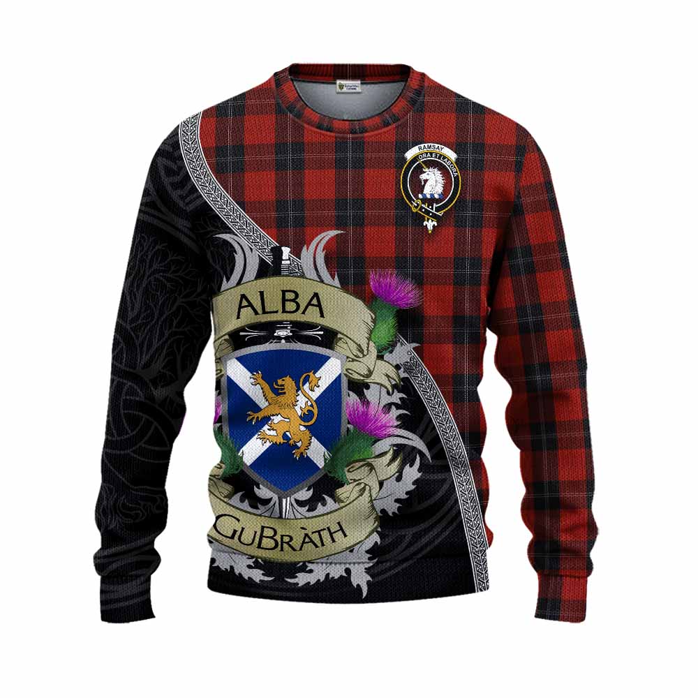Tartan Vibes Clothing Ramsay Tartan Family Crest Knitted Sweater Lion Rampant Royal Thistle Shield Celtic Inspired