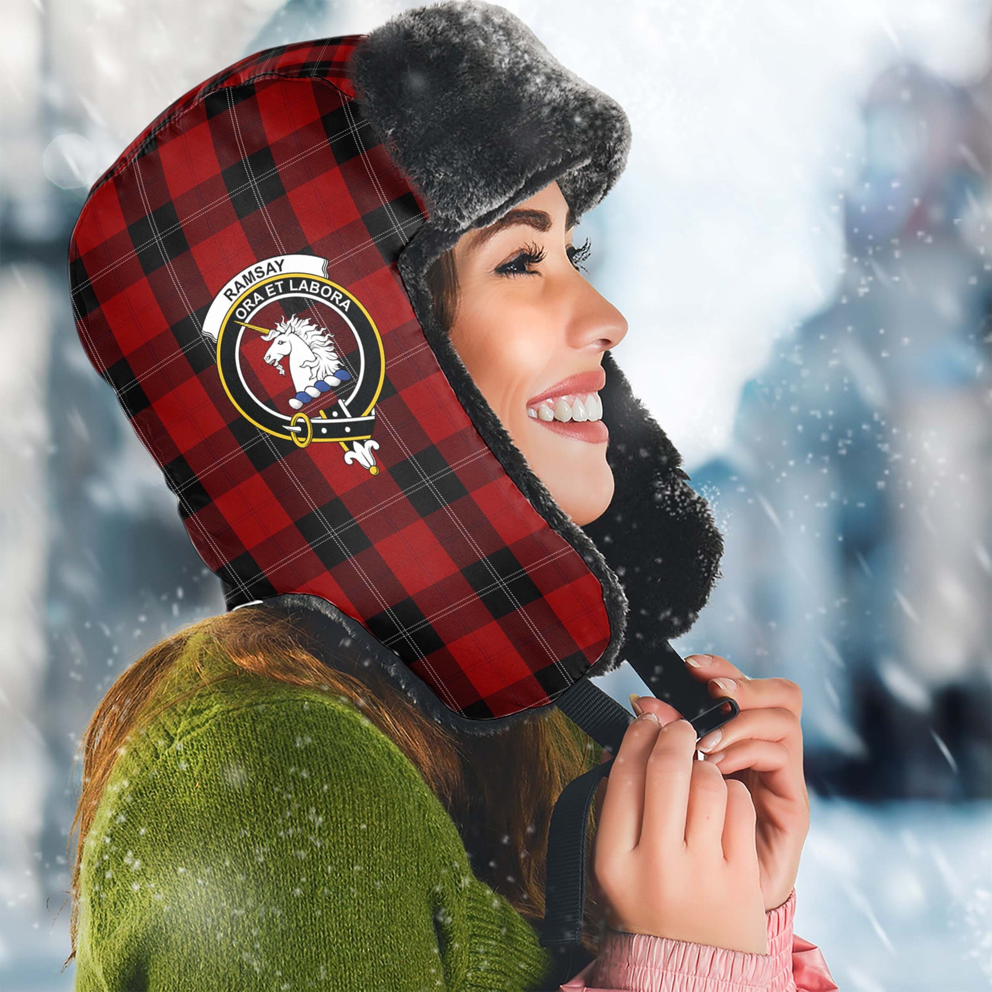 Ramsay Tartan Winter Trapper Hat with Family Crest Winter Trapper Hat Universal Fit Circumference 22.8in (58cm) - Tartanvibesclothing