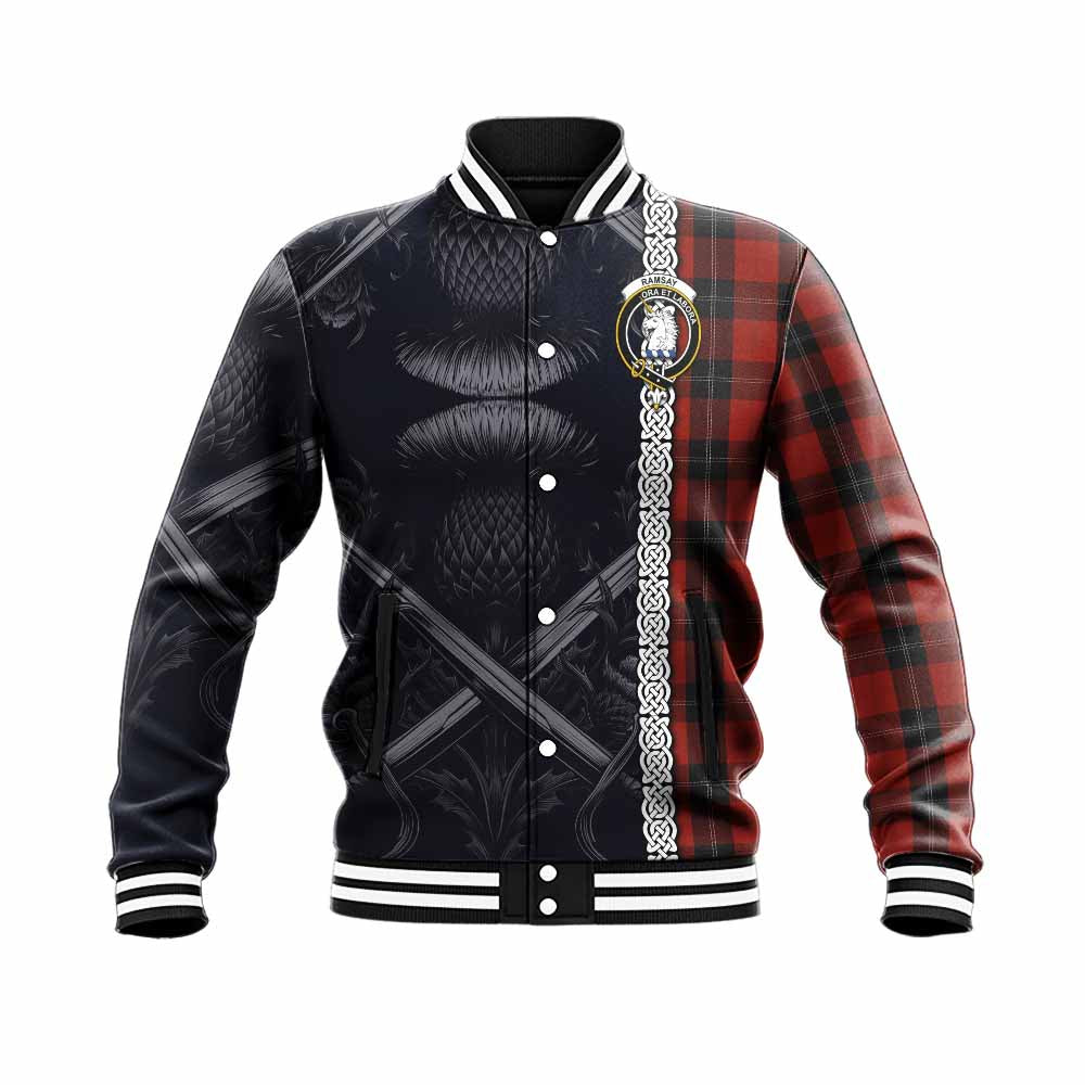 Tartan Vibes Clothing Ramsay Tartan Baseball Jacket with Family Crest Cross Sword Thistle Celtic Vibes