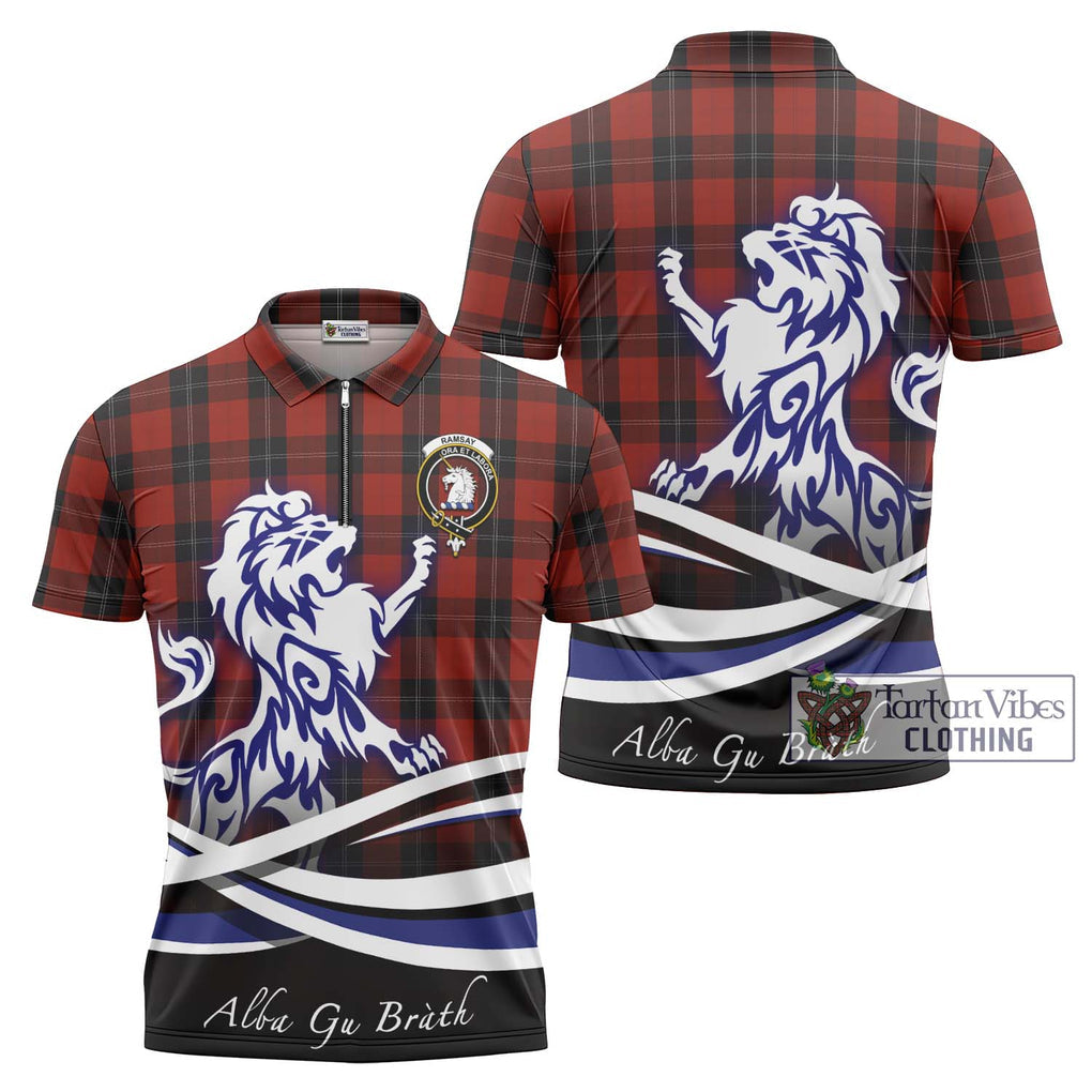 Ramsay Tartan Zipper Polo Shirt with Alba Gu Brath Regal Lion Emblem Unisex - Tartanvibesclothing Shop