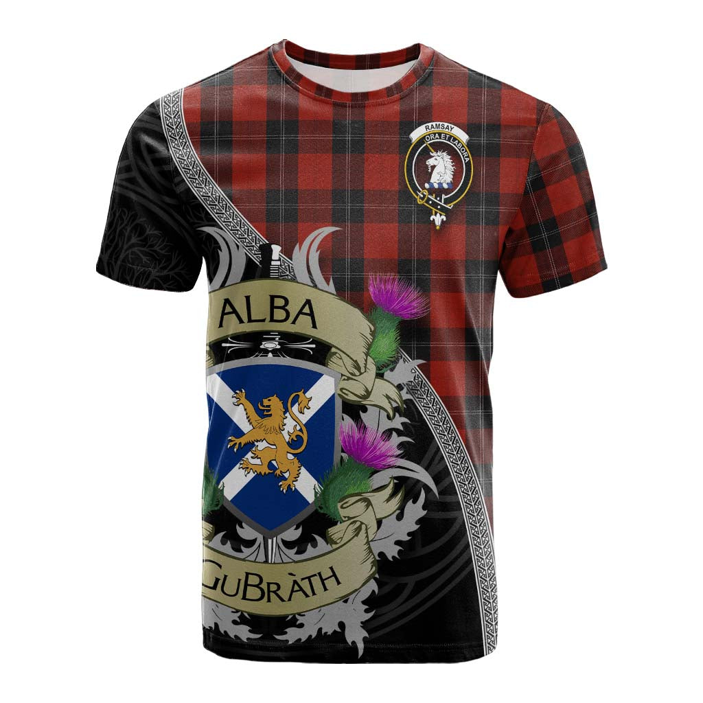 Tartan Vibes Clothing Ramsay Tartan Family Crest Cotton T-shirt Lion Rampant Royal Thistle Shield Celtic Inspired