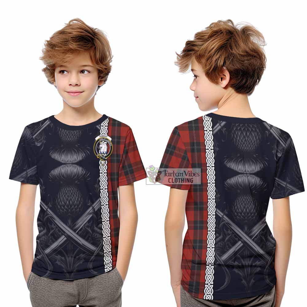 Tartan Vibes Clothing Ramsay Tartan Kid T-Shirt with Family Crest Cross Sword Thistle Celtic Vibes