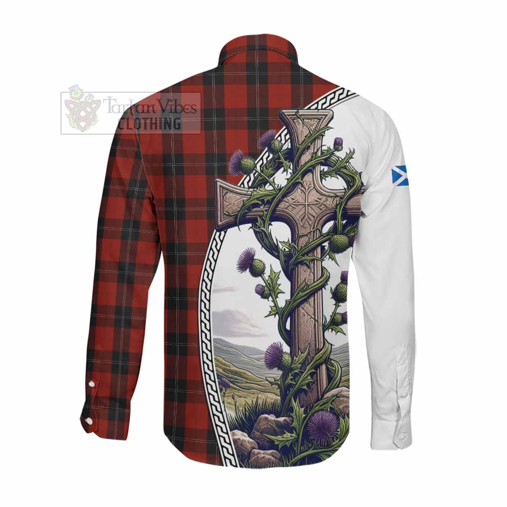 Tartan Vibes Clothing Ramsay Tartan Long Sleeve Button Shirt with Family Crest and St. Andrew's Cross Accented by Thistle Vines