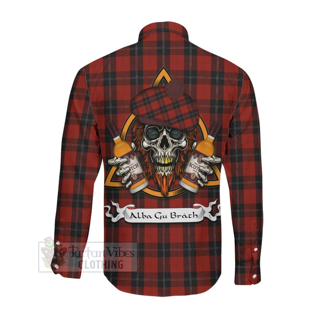 Tartan Vibes Clothing Ramsay Tartan Long Sleeve Button Shirt with Family Crest and Bearded Skull Holding Bottles of Whiskey