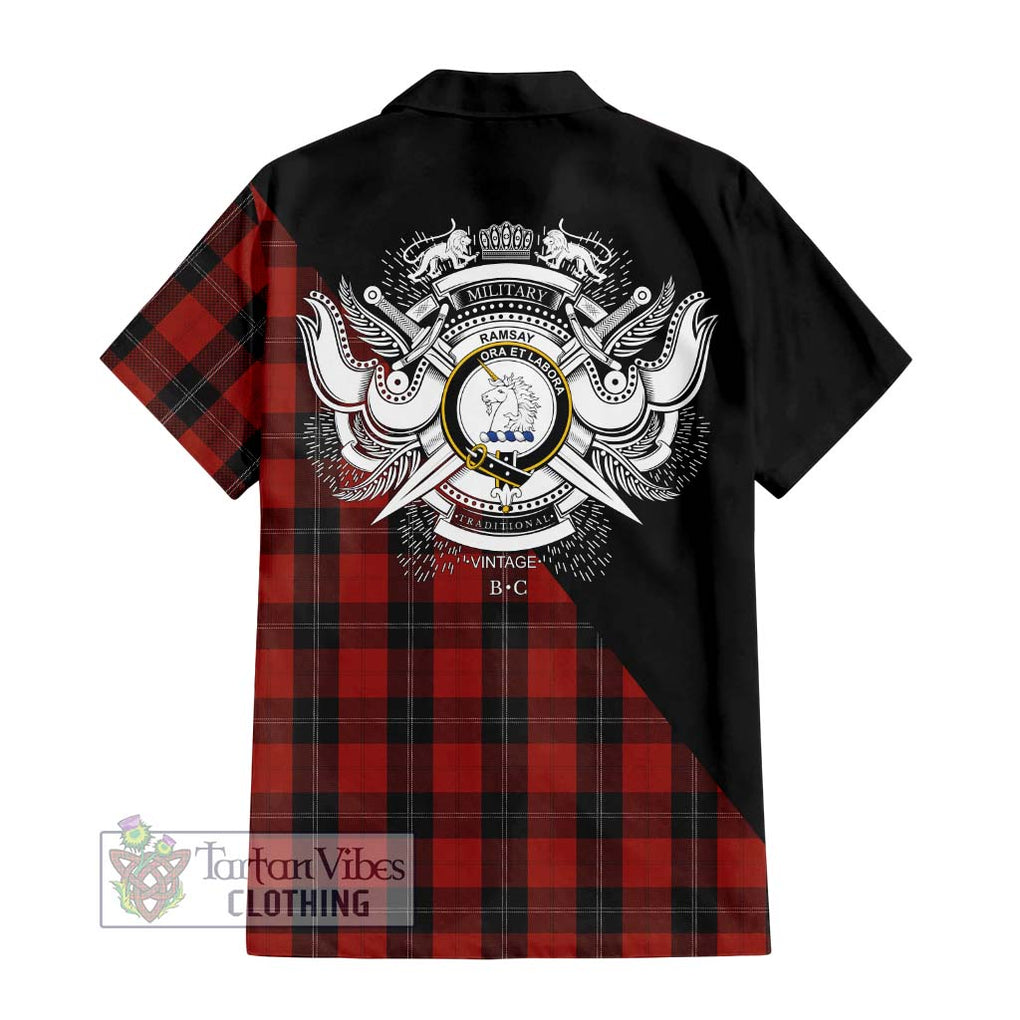 Ramsay Tartan Short Sleeve Button Shirt with Family Crest and Military Logo Style - Tartanvibesclothing Shop