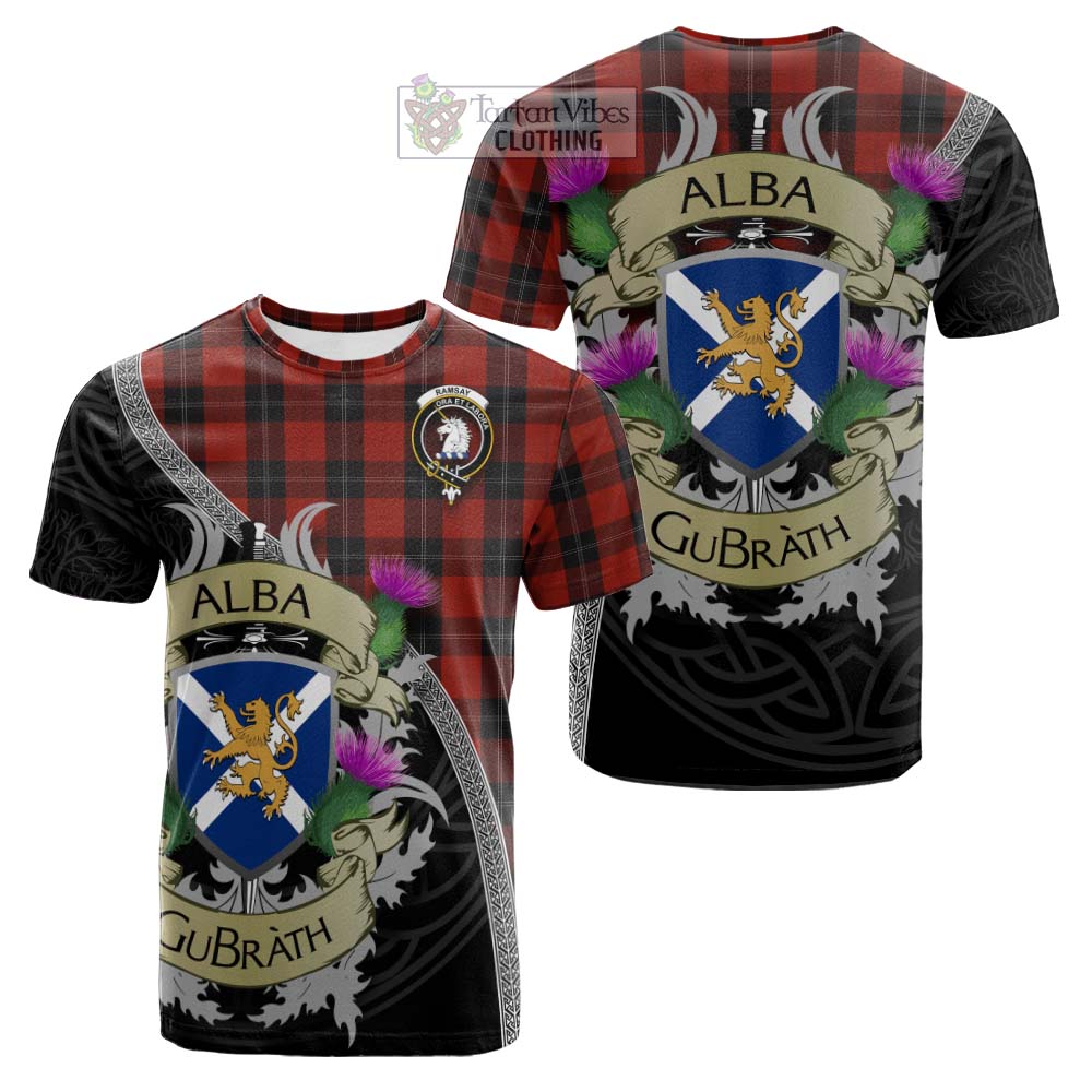 Tartan Vibes Clothing Ramsay Tartan Family Crest Cotton T-shirt Lion Rampant Royal Thistle Shield Celtic Inspired