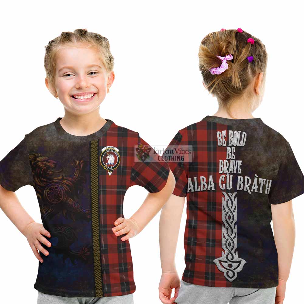 Tartan Vibes Clothing Ramsay Tartan Family Crest Kid T-Shirt Alba Gu Brath Be Brave Lion Ancient Style