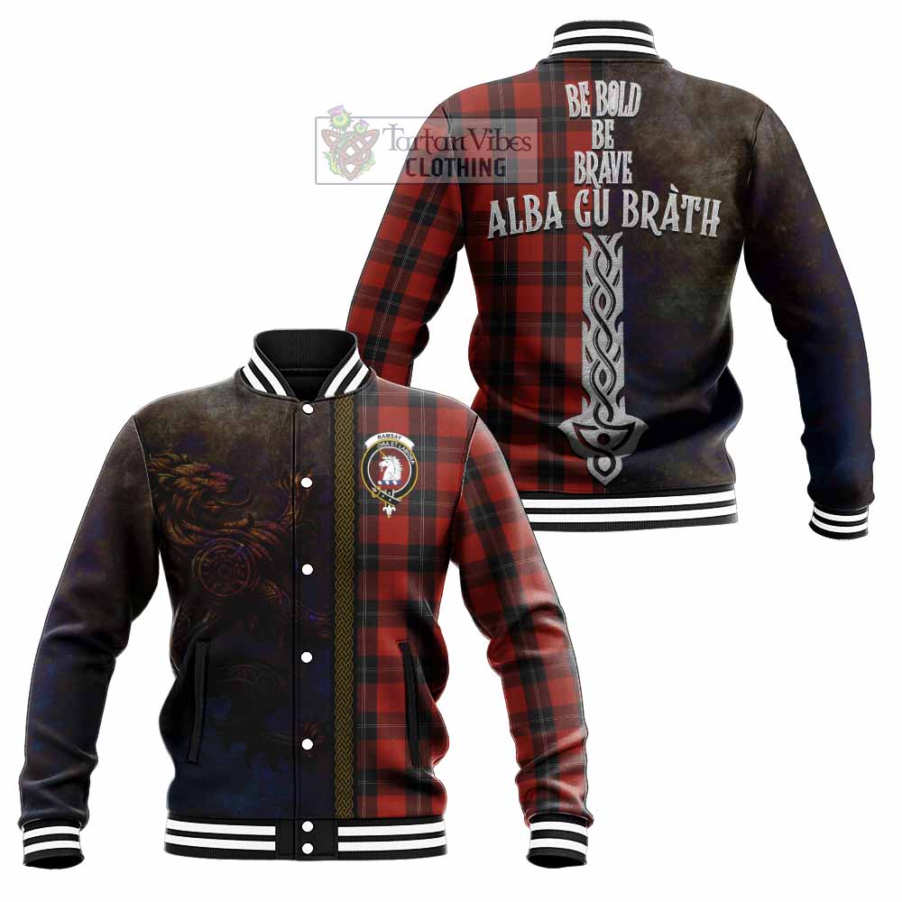 Tartan Vibes Clothing Ramsay Tartan Family Crest Baseball Jacket Alba Gu Brath Be Brave Lion Ancient Style