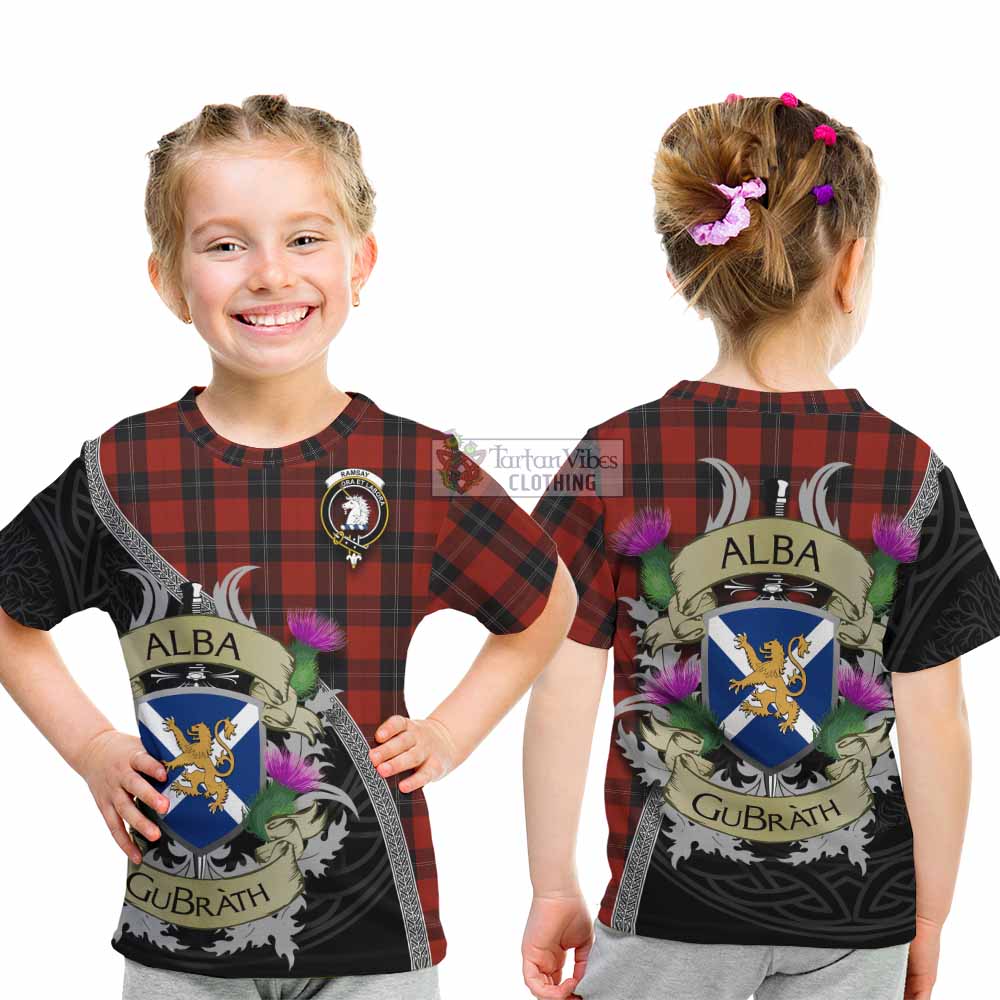 Tartan Vibes Clothing Ramsay Tartan Family Crest Kid T-Shirt Lion Rampant Royal Thistle Shield Celtic Inspired