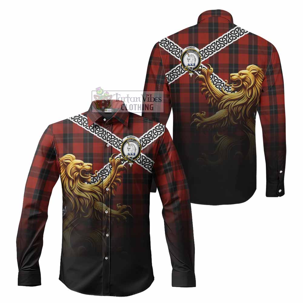 Ramsay Crest Tartan Long Sleeve Button Shirt with Golden Lion Emblem Celtic Style - Tartan Vibes Clothing