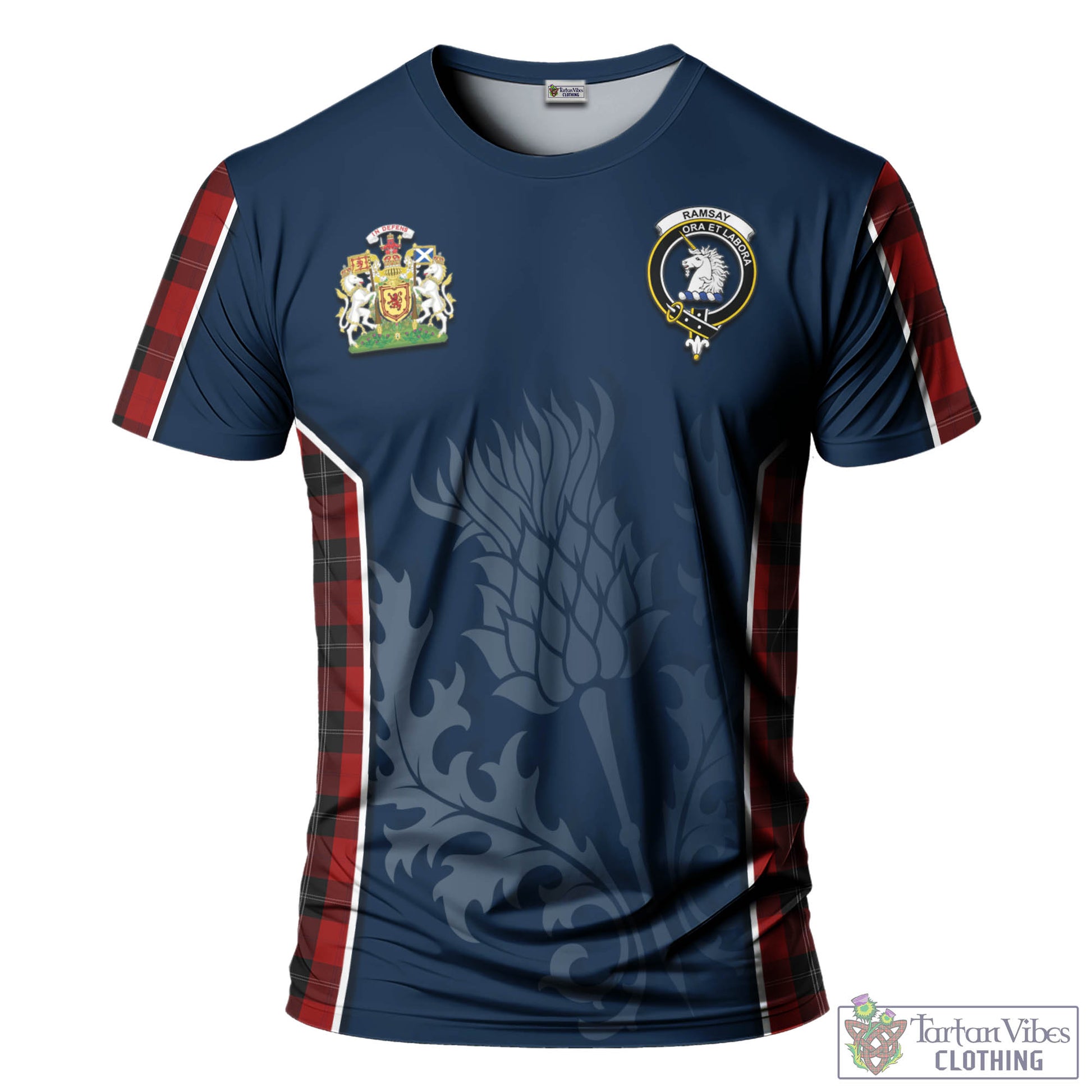 Tartan Vibes Clothing Ramsay Tartan T-Shirt with Family Crest and Scottish Thistle Vibes Sport Style