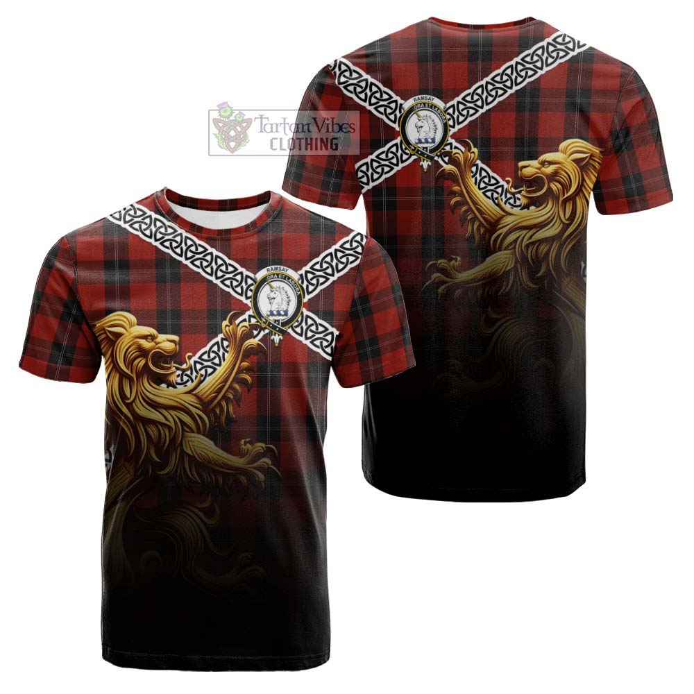 Tartan Vibes Clothing Ramsay Crest Tartan Cotton T-shirt with Golden Lion Emblem Celtic Style