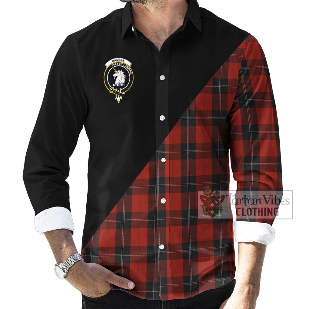 Ramsay Tartan Long Sleeve Button Shirt with Family Crest and Military Logo Style - Tartanvibesclothing Shop