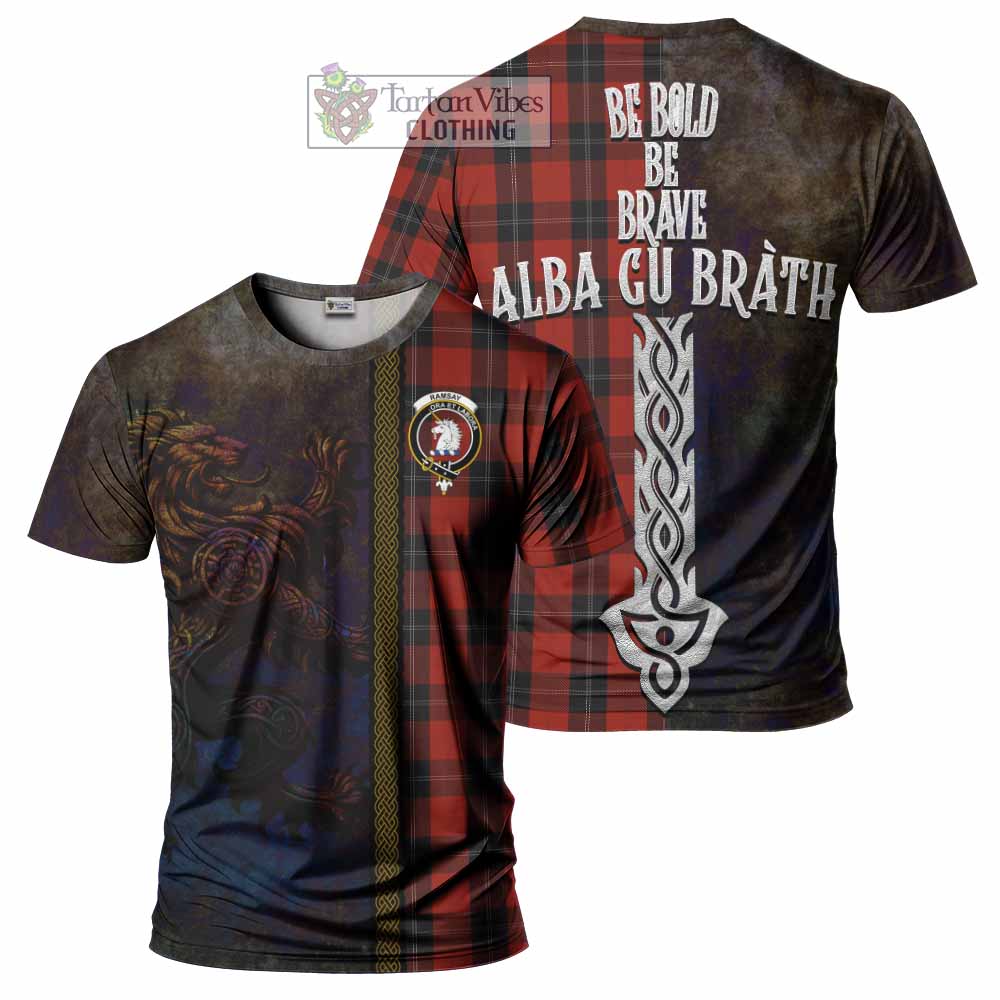 Tartan Vibes Clothing Ramsay Tartan Family Crest T-Shirt Alba Gu Brath Be Brave Lion Ancient Style