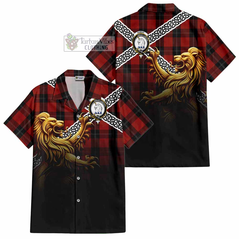 Tartan Vibes Clothing Ramsay Crest Tartan Short Sleeve Button Shirt with Golden Lion Emblem Celtic Style