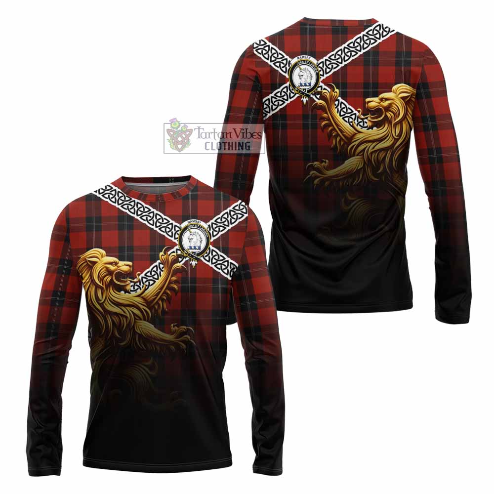 Tartan Vibes Clothing Ramsay Crest Tartan Long Sleeve T-Shirt with Golden Lion Emblem Celtic Style